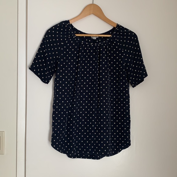 Navy and Cream Polka Dot 100% Silk Steven Alan Blouse - Picture 2 of 6